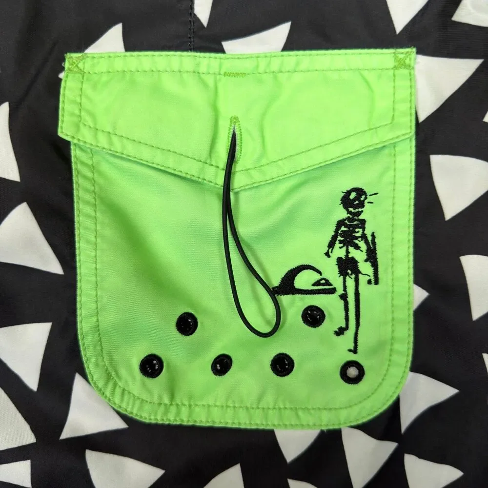 Quiksilver Mens Board Shorts Size 34 Black Neon Green Geometric Swim Trunks Surf
